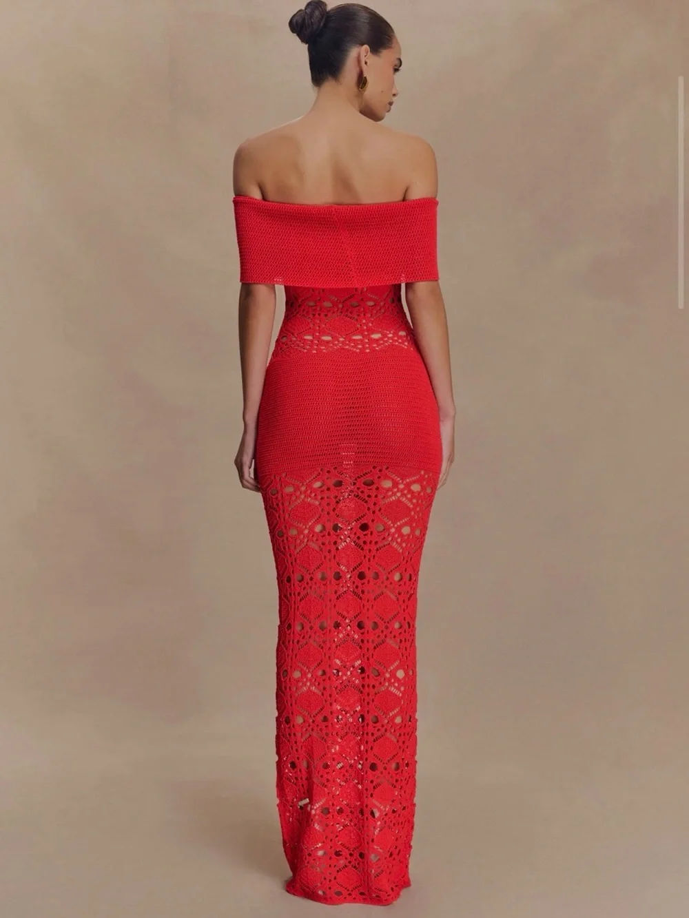 Meshki Off-Shoulder Red Crochet Maxi Dress - Picture 2 of 5
